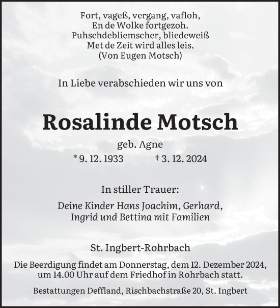 Traueranzeige von Rosalinde Motsch von saarbruecker_zeitung