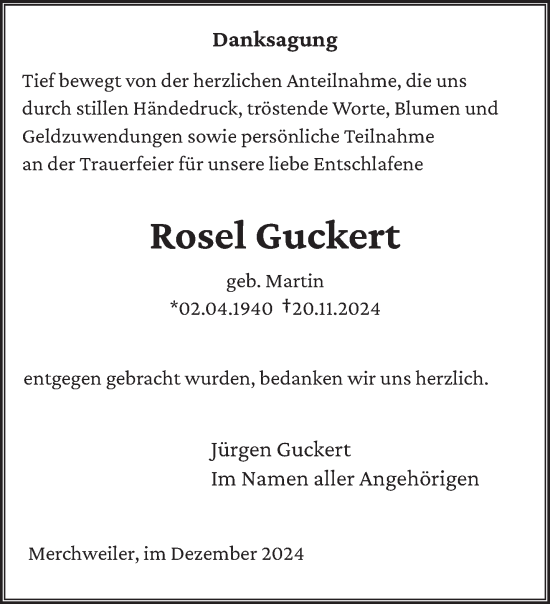 Traueranzeige von Rosel Guckert von saarbruecker_zeitung