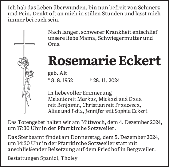 Traueranzeige von Rosemarie Eckert von saarbruecker_zeitung