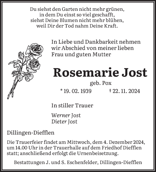 Traueranzeige von Rosemarie Jost von saarbruecker_zeitung