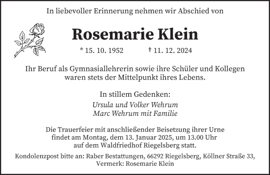 Traueranzeige von Rosemarie Klein von saarbruecker_zeitung