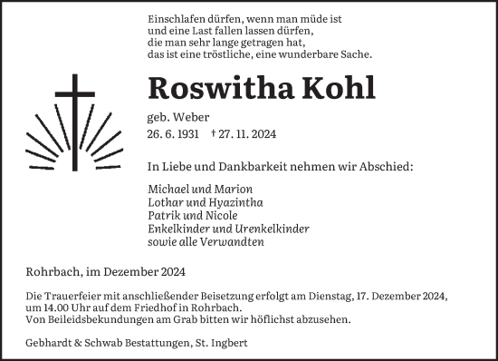 Traueranzeige von Roswitha Kohl von saarbruecker_zeitung