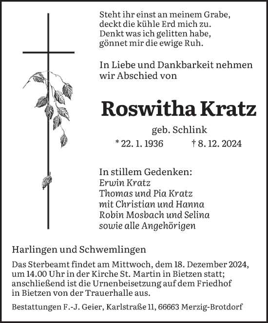 Traueranzeige von Roswitha Kratz von saarbruecker_zeitung