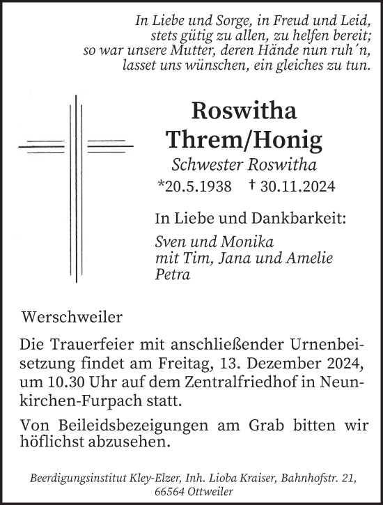 Traueranzeige von Roswitha Threm von saarbruecker_zeitung