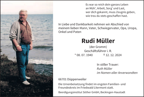 Traueranzeige von Rudi Müller von saarbruecker_zeitung