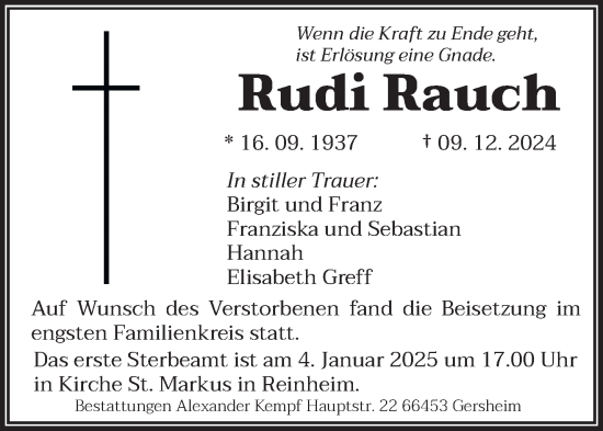 Traueranzeige von Rudi Rauch von saarbruecker_zeitung