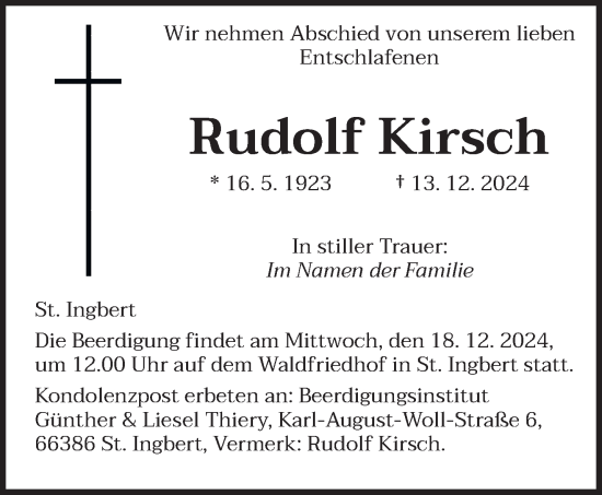 Traueranzeige von Rudolf Kirsch von saarbruecker_zeitung