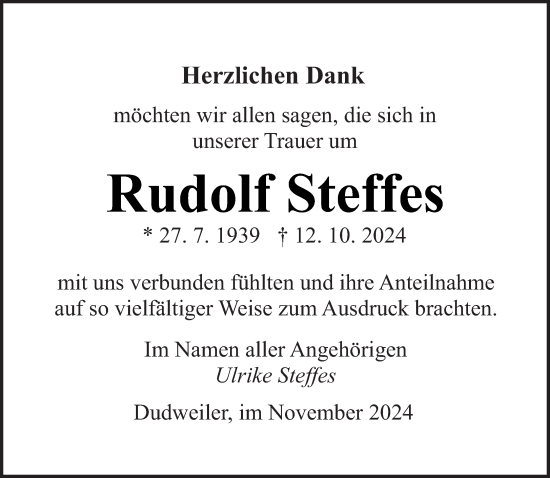 Traueranzeige von Rudolf Steffes von saarbruecker_zeitung