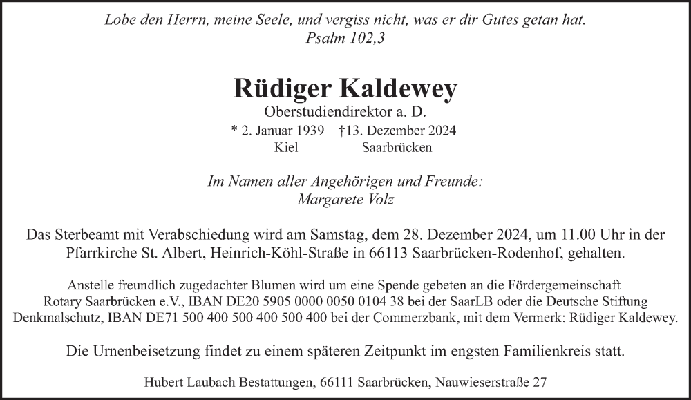  Traueranzeige für Rüdiger Kaldewey vom 21.12.2024 aus saarbruecker_zeitung