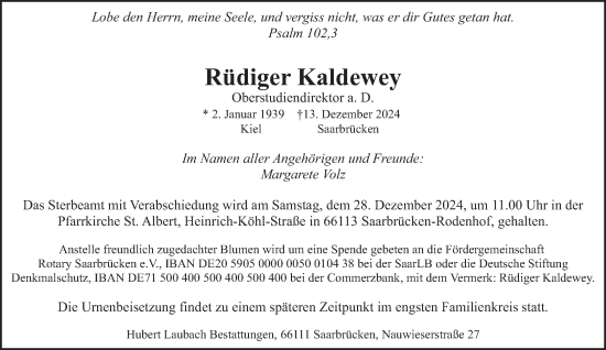 Traueranzeige von Rüdiger Kaldewey von saarbruecker_zeitung