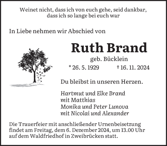 Traueranzeige von Ruth Brand von saarbruecker_zeitung