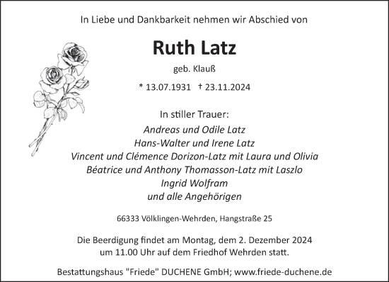 Traueranzeige von Ruth Latz von saarbruecker_zeitung