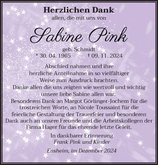 Traueranzeige von Sabine Pink von saarbruecker_zeitung