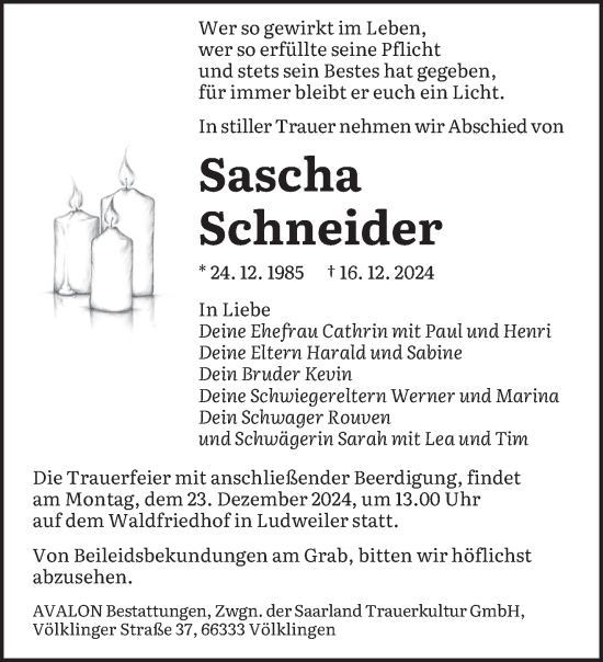 Traueranzeige von Sascha Schneider von saarbruecker_zeitung