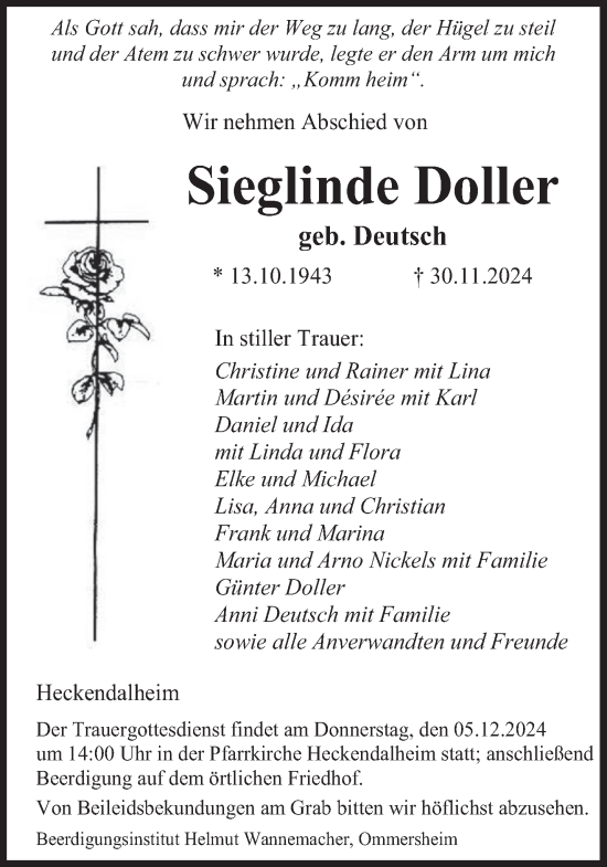 Traueranzeige von Sieglinde Doller von saarbruecker_zeitung