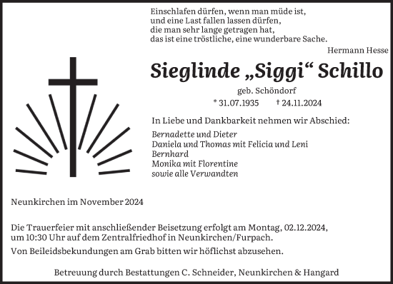 Traueranzeige von Sieglinde  Schillo von saarbruecker_zeitung