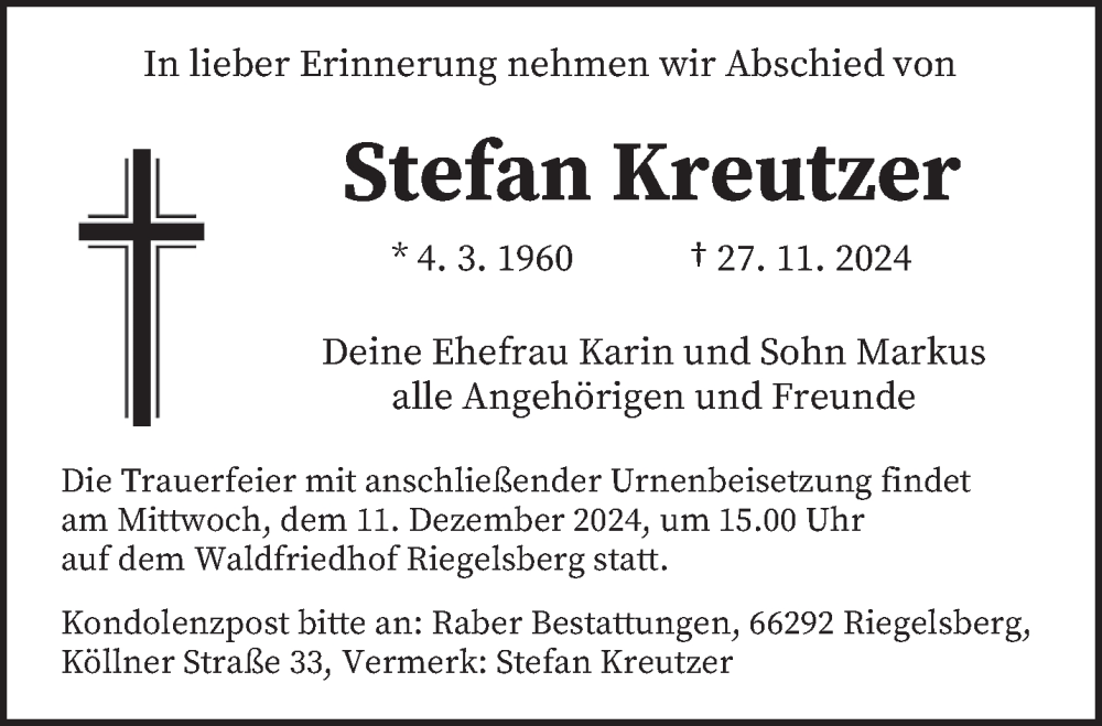  Traueranzeige für Stefan Kreutzer vom 07.12.2024 aus saarbruecker_zeitung