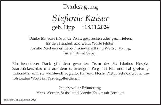 Traueranzeige von Stefanie Kaiser von saarbruecker_zeitung