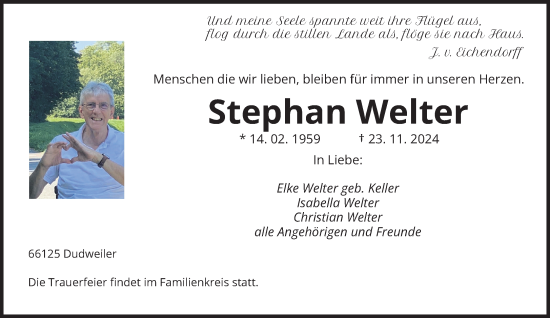 Traueranzeige von Stephan Welter von saarbruecker_zeitung