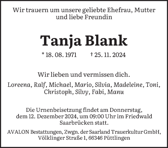 Traueranzeige von Tanja Blank von saarbruecker_zeitung