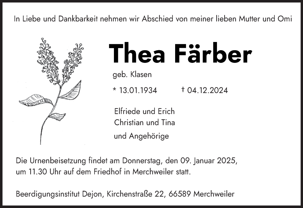  Traueranzeige für Thea Färber vom 21.12.2024 aus saarbruecker_zeitung