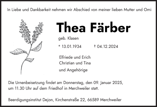 Traueranzeige von Thea Färber von saarbruecker_zeitung