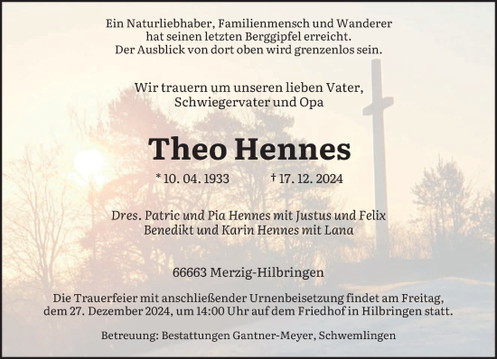 Traueranzeige von Theo Hennes von saarbruecker_zeitung