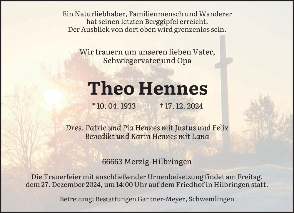  Traueranzeige für Theo Hennes vom 21.12.2024 aus saarbruecker_zeitung