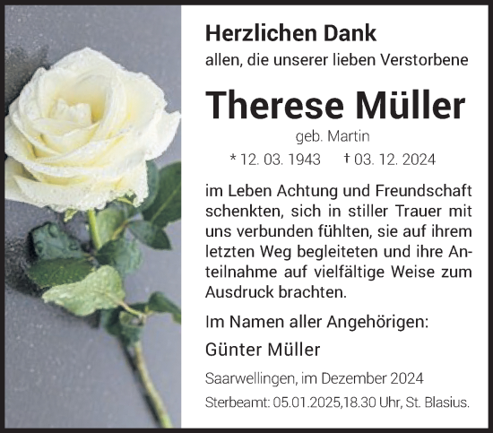 Traueranzeige von Therese Müller von saarbruecker_zeitung