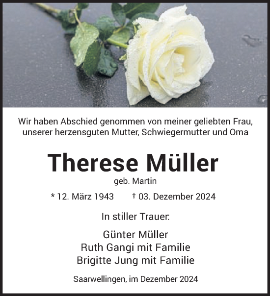 Traueranzeige von Therese Müller von saarbruecker_zeitung