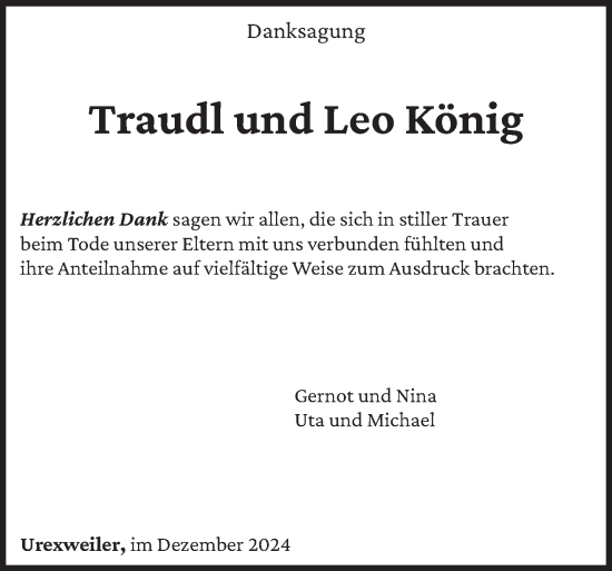 Traueranzeige von Traudl und Leo König von saarbruecker_zeitung