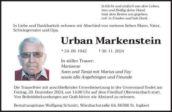 Traueranzeige von Urban Markenstein von saarbruecker_zeitung