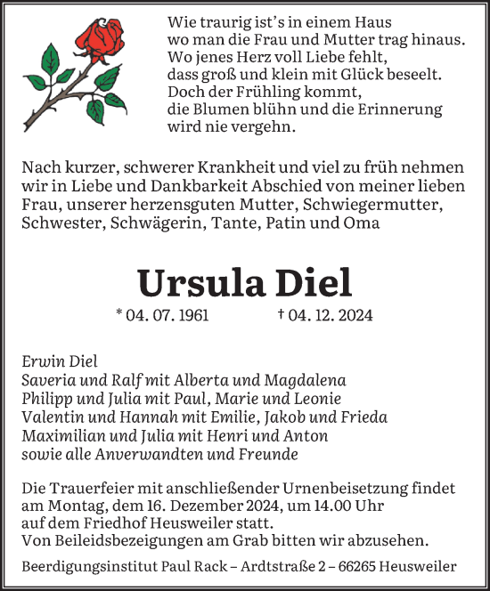 Traueranzeige von Ursula Diel von saarbruecker_zeitung