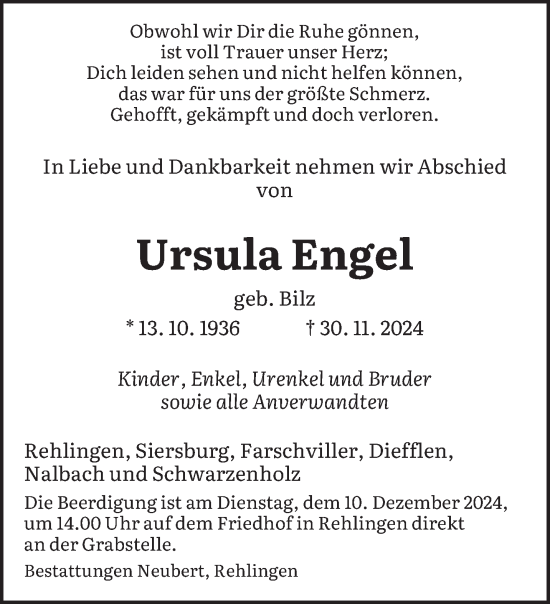 Traueranzeige von Ursula Engel von saarbruecker_zeitung