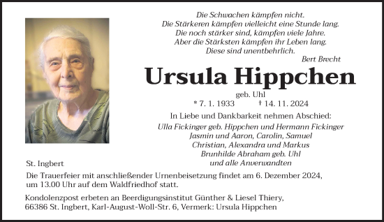 Traueranzeige von Ursula Hippchen von saarbruecker_zeitung