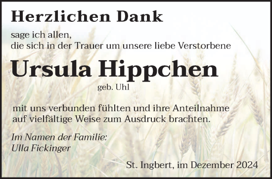 Traueranzeige von Ursula Hippchen von saarbruecker_zeitung