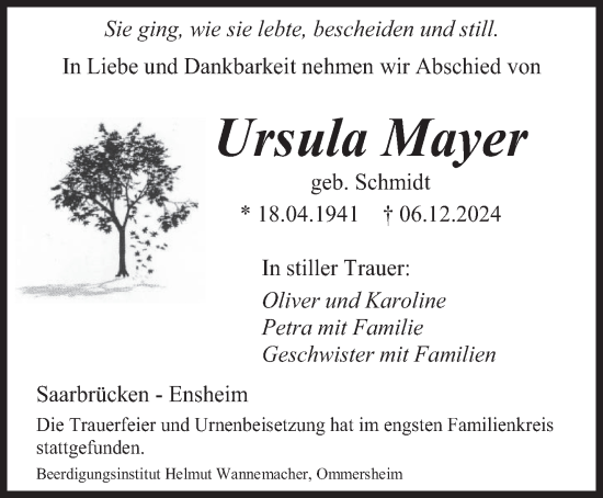 Traueranzeige von Ursula Mayer von saarbruecker_zeitung