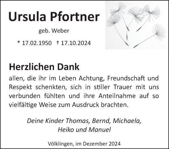 Traueranzeige von Ursula Pfortner von saarbruecker_zeitung