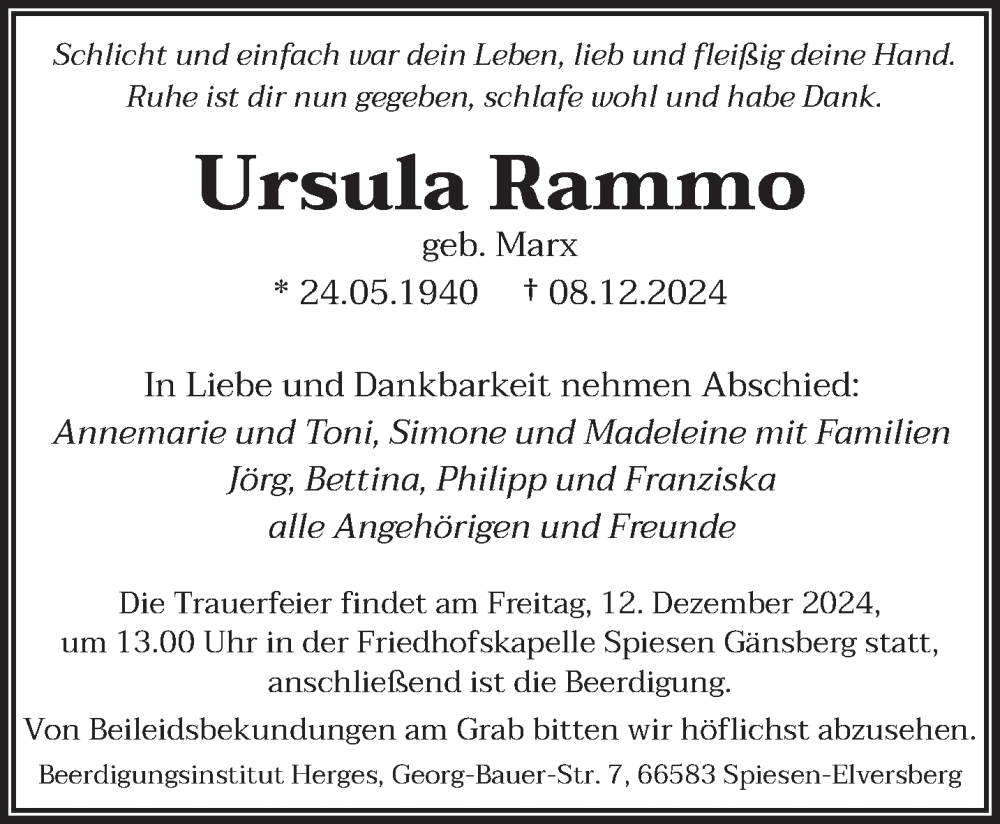  Traueranzeige für Ursula Rammo vom 11.12.2024 aus saarbruecker_zeitung