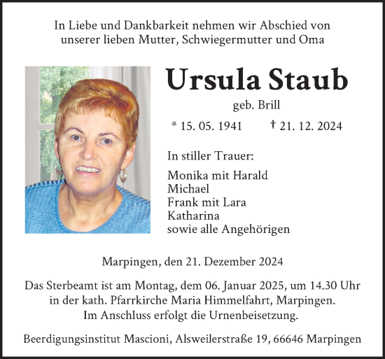 Traueranzeige von Ursula Staub von saarbruecker_zeitung