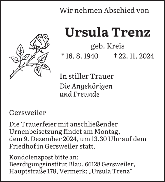 Traueranzeige von Ursula Trenz von saarbruecker_zeitung