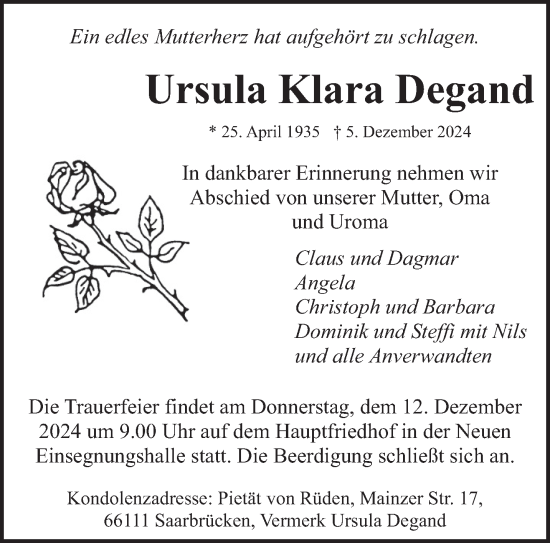 Traueranzeige von Ursula Klara Degand von saarbruecker_zeitung