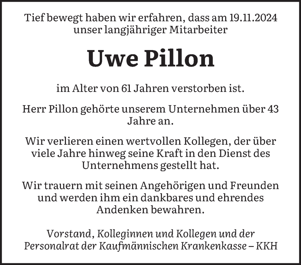  Traueranzeige für Uwe Pillon vom 07.12.2024 aus saarbruecker_zeitung