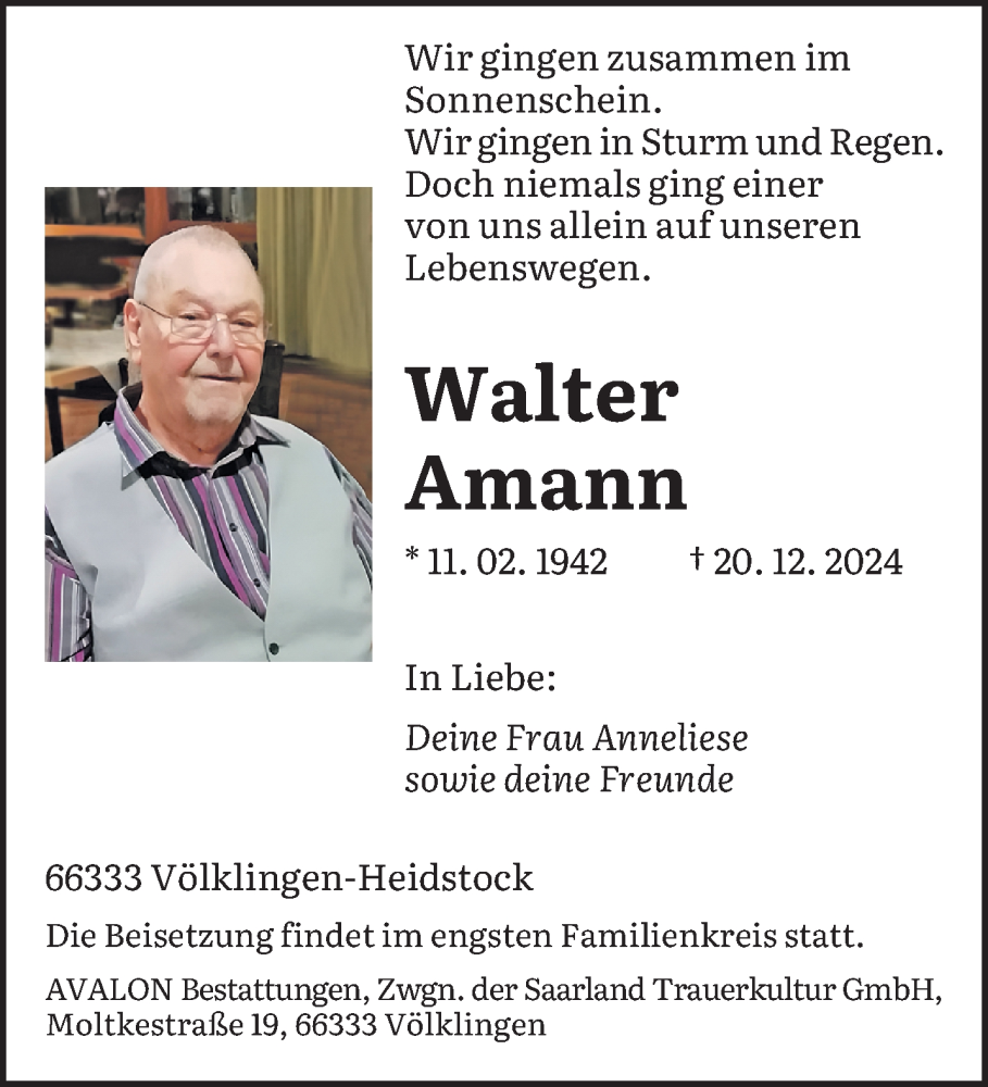  Traueranzeige für Walter Amann vom 28.12.2024 aus saarbruecker_zeitung