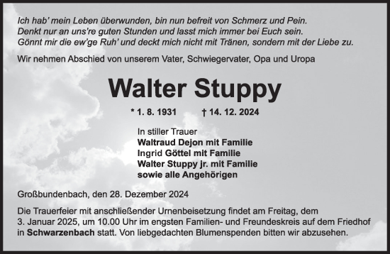 Traueranzeige von Walter Stuppy von saarbruecker_zeitung