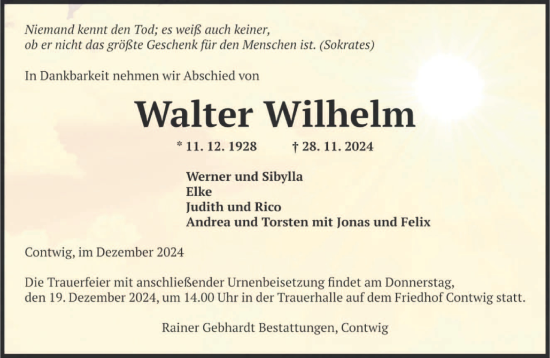 Traueranzeige von Walter Wilhelm von saarbruecker_zeitung