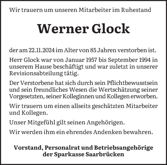 Traueranzeige von Werner Glock von saarbruecker_zeitung