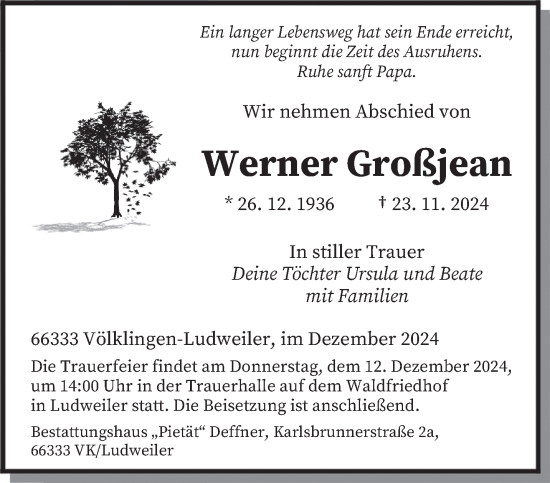 Traueranzeige von Werner Großjean von saarbruecker_zeitung