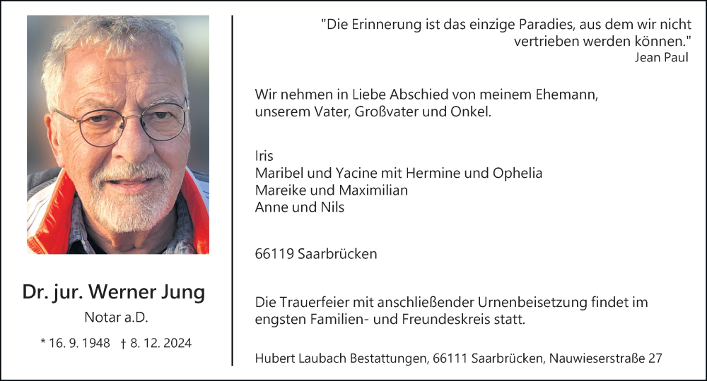 Traueranzeige für Werner Jung vom 21.12.2024 aus saarbruecker_zeitung