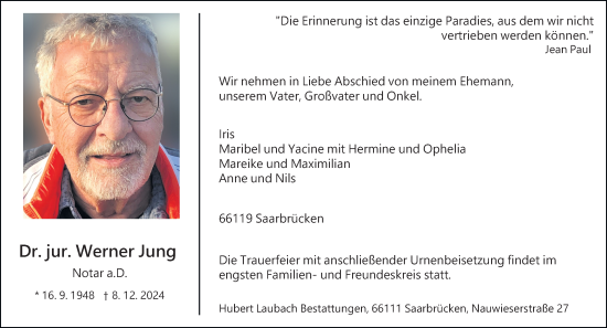 Traueranzeige von Werner Jung von saarbruecker_zeitung